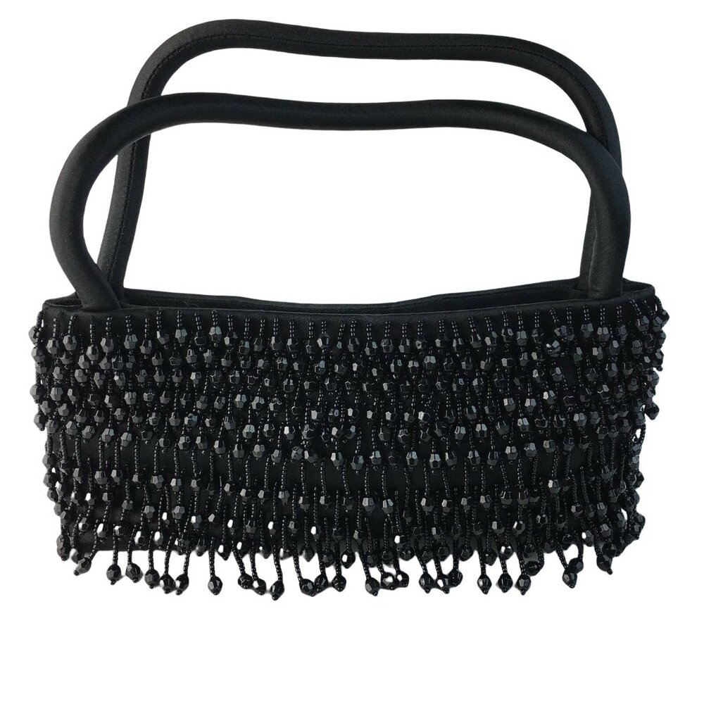 Little Black Formal Evening Purse Beaded Handbag Fabric 8.5 x 3.5 With Handle u